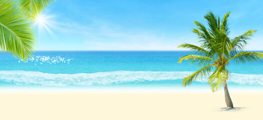 Summer Vacation and Holiday Trip Concept : Green coconut tree on sand with seascape view and blue sky in background.