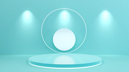 Circle stand on a light blue background,mock up podium for product presentation,3D rendering