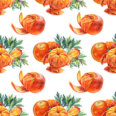 Seamless pattern watercolor composition citrus fruit orange peel the tangerine with green leaves isolated on white background. Hand drawn food for winter or summer, christmas for menu, wrapping