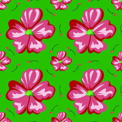 Red flowers on a green background, texture for design, seamless pattern, vector illustration