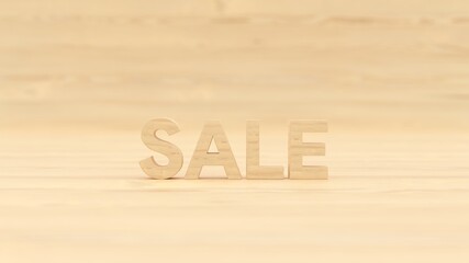 Close up a word sale wood building with wood background . 3d illustration rendering . for business , card , banner and etc