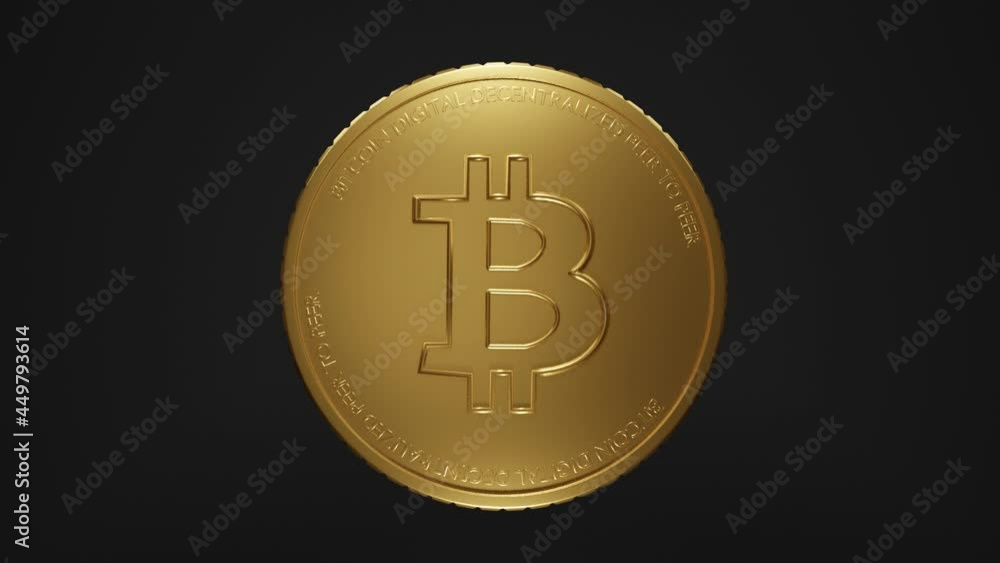 Poster gold bitcoin crypto currency with rotating light flare- btc - bit coin. macro, 3d animation