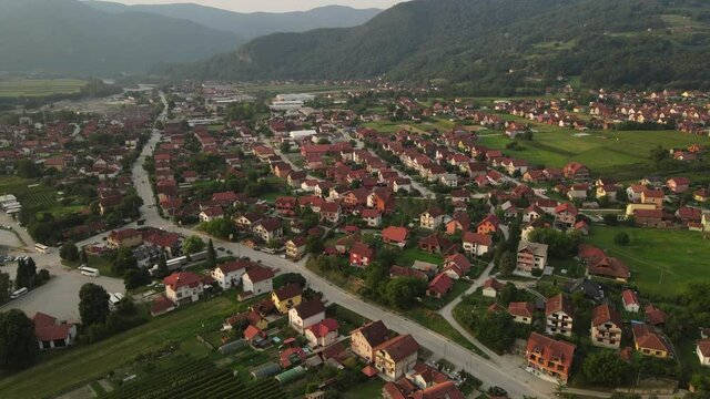 Bajina Basta, Serbia, Drone Aerial View of Small Town Cityscape by Drina River