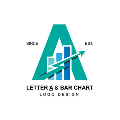 Modern and professional business logo initial letter A with swoosh thunderbolt arrow combining with bar chart