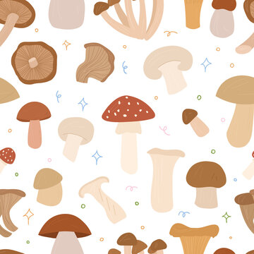 Mushrooms seamless pattern:champignon,boletus,porcini,honey agaric,oyster,suillellus,shiitake,trumpet royale,amanita.