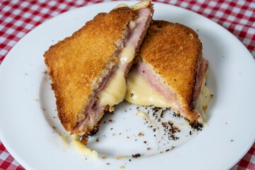 Toasted ham and cheese sandwich on a white plate on a table with a tablecloth.