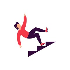 fall from stairs, accident on steps, man falls down, isolated vector illustration