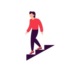 man going down stairs, steps down direction, isolated human figure on white background, flat vector illustration