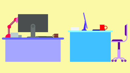 Set of two Home or office desk with casters chair, computer, some papers, coffee cup and table lamp. Back and Side view. Flat style vector illustration.

