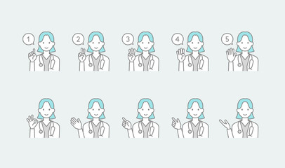 シンプルな線画で描かれた、医師の女性がハンドサインをしているアイコンセット