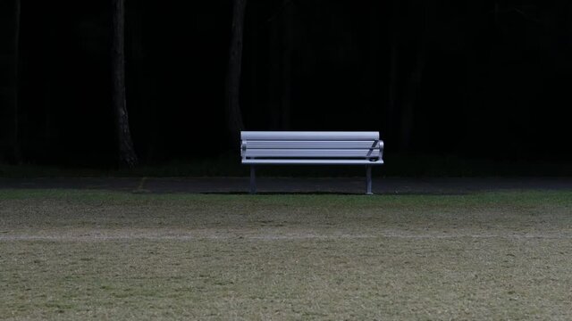 An empty park bench at night with a dark forest in the background. Pizzy Park Miami QLD Australia