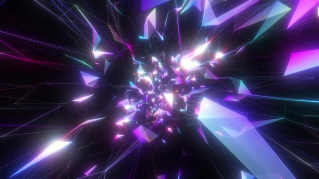 Many neon polygonal planes are mesmerizing with their radiance. Visualization of cryptocurrency. Seamless loop.