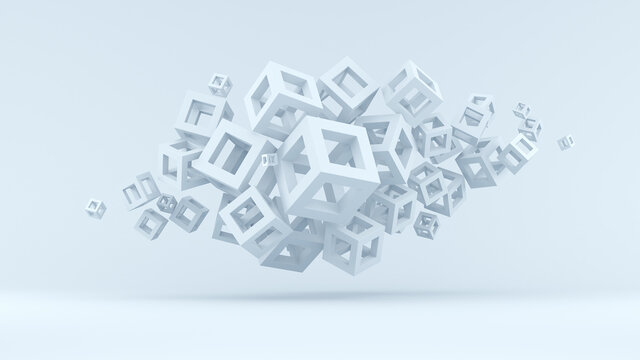 A cloud of cubes on a blue background. 3d render.