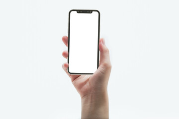 close up hand hold phone isolated on white, mock-up smartphone white color blank screen