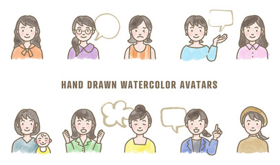Set of hand drawn vector avatars, watercolor illustration of female faces