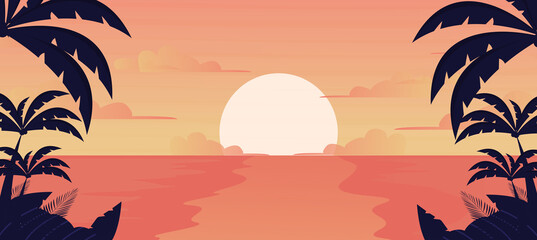 Sunset or sunrise in ocean, nature landscape background,  Evening or morning view Cartoon vector illustration.
beach illustration background