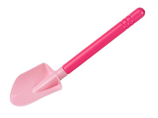 Pink plastic toy shovel isolated on white, top view