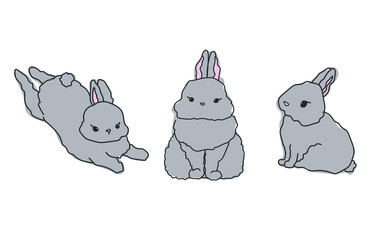 Cute grey baby rabbit isolated line set doodles. Hand drawn vector illustrations collection. Sketch bunnyes for a tattoo and stickers.