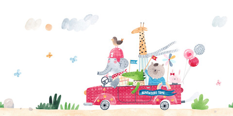 Eine fröhliche Gesellschaft von Tieren fährt in einem roten Auto. Aquarell-Illustration. Kinderdekor. Nahtloses Muster. Horizontaler Rand. © bukhavets