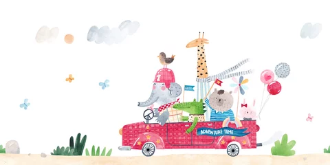 Eine fröhliche Gesellschaft von Tieren fährt in einem roten Auto. Aquarell-Illustration. Kinderdekor. Nahtloses Muster. Horizontaler Rand. © bukhavets