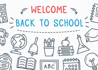 Back to school background with hand drawn icons on paper