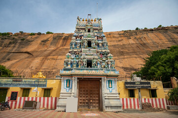 Beautiful mountain south Indian temple with closed condition. South Indian temple surrounded by...