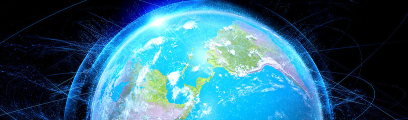 3d illustration of detailed Tech  virtual planet Earth on black background. Technological digital globe world