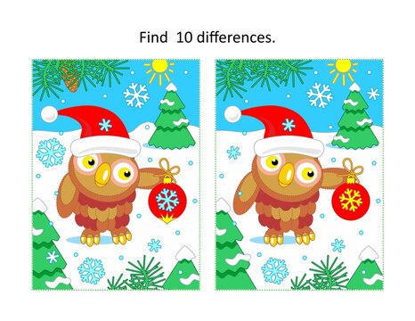 Christmas or New Year find differences picture puzzle with owl wearing santa cap and holding red ornament
