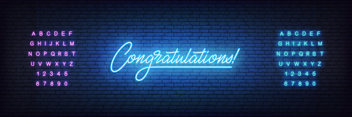 Congratulations neon template. Glowing neon lettering Congratulations sign