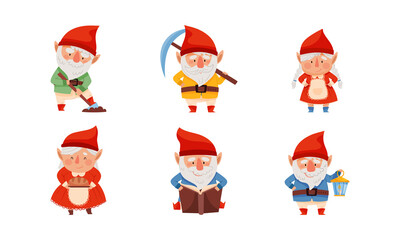 Fantastic Gnome Character with White Beard and Red Pointed Hat Vector Illustration Set