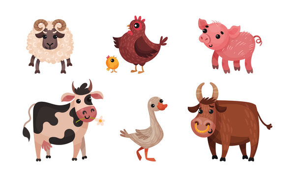 Farm Animals with Cow and Sheep Vector Set