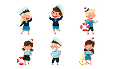 Little Children in Mariner Costume and Forage Cap or Peakless Hat Playing Sailor Vector Illustration Set