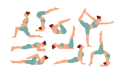 Fitness and yoga exercise flat icons set
