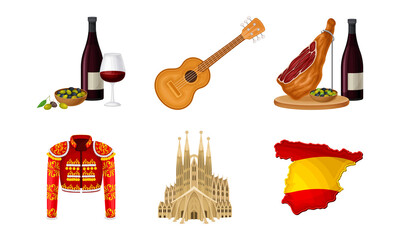 Spain Attributes with Toreador Jacket and Cathedral Vector Illustration Set