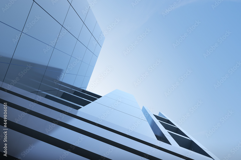 Poster low angle view of futuristic modern architecture, skyscraper of corporate office building, 3d render