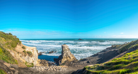 Muriwai Gannet Colony, on the west coast of the Auckland, New Zealand. black sand surf beach and...