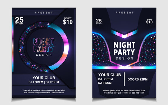 Night dance party music layout cover design template background with colorful dark blue glitters style. Light electro vector for music event concert disco, club invitation, festival poster, flyer