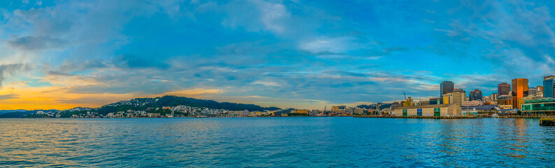 Fototapeta na wymiar Early Morning panoramic view of Wellington cityscape from the harbour