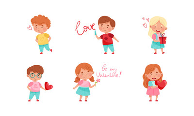 Flushed Boy and Girl Character Feeling Love and Affection Giving Heart and Valentine Vector Set