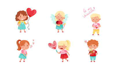Flushed Boy and Girl Character Feeling Love and Affection Giving Heart and Valentine Vector Set