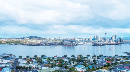 stunning skyline view of Auckland from Mount Vitoria lookout view point located in seaside village of Devonport