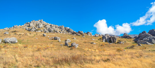panoramic view of Castle Hill on sunshine day. Majestic limestone rock formations at Castle Hill, Canterbury, South Island of New Zealand.