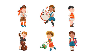 Funny Children Playing Pirate and Watering Flower Vector Set