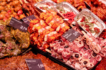 Various types of raw meat products for sale in the store
