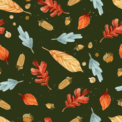 Autumn leaves watercolor seamless pattern on dark background