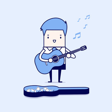 Businessman playing guitar for money. Cartoon character thin line style vector.