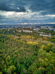 Aerial view of the city at sunset. Beautiful autumn city landscape. Kishinev, Moldova republic of.