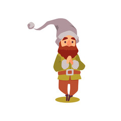 Garden or forest fantasy tiny dwarf or gnome flat vector illustration isolated.