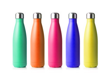 Colored thermal bottles, in stainless steel. White background.