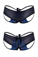 Detail shot of black mesh panties with lacing on the sides, silk bow and blue floral embroidery. Sexy lingerie is isolated on the white background. Front and back views.  